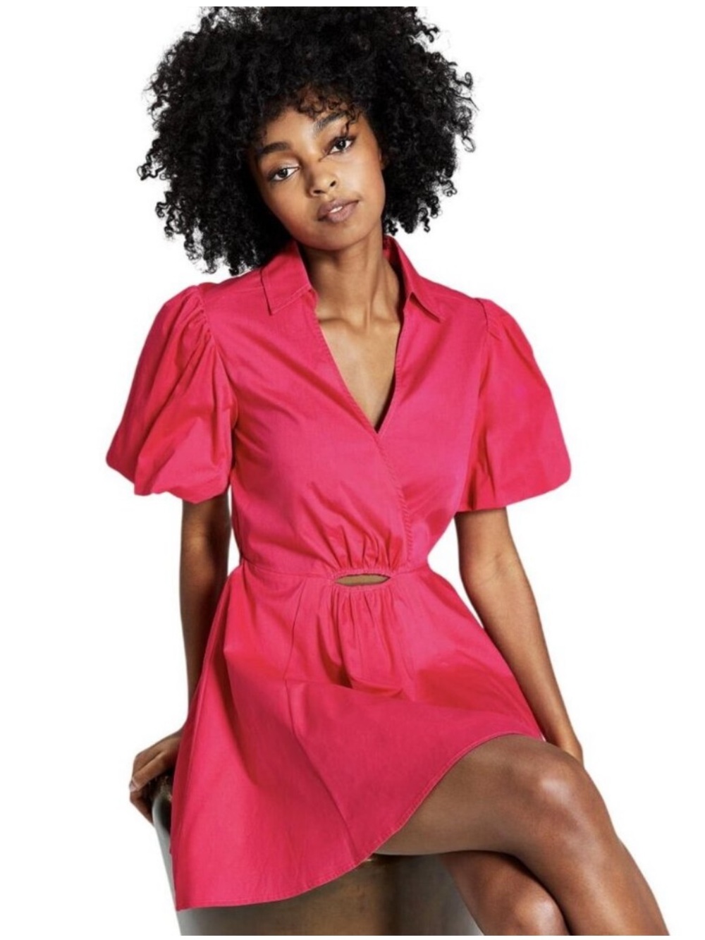 And Now This Pink Puff-Sleeve Mini Dress with Waist Cutout 1X